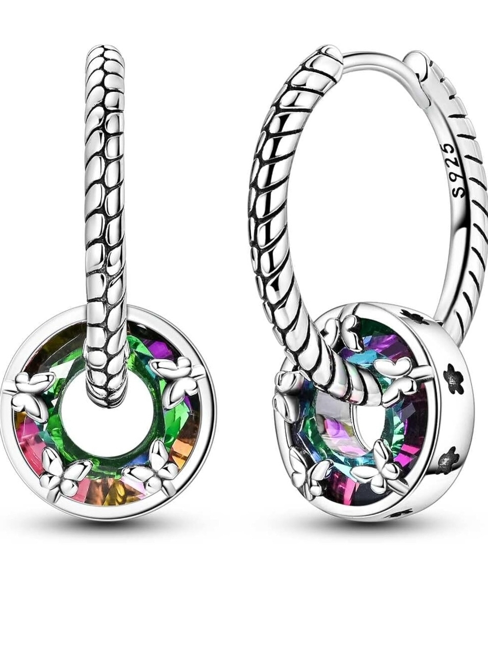 Silver Hoop Earrings with Multicolor Mystic Crystal Accent
